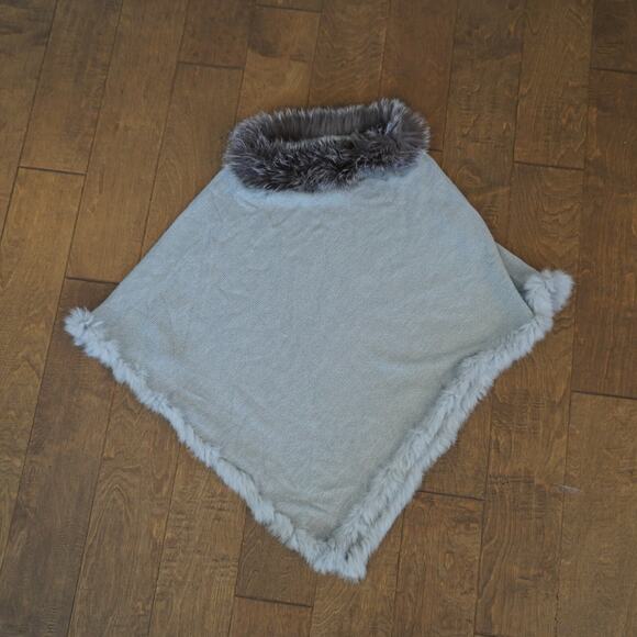 Dana Stein Knit Poncho Trimmed with Rabbit and Fox Collar - Picture 1 of 5